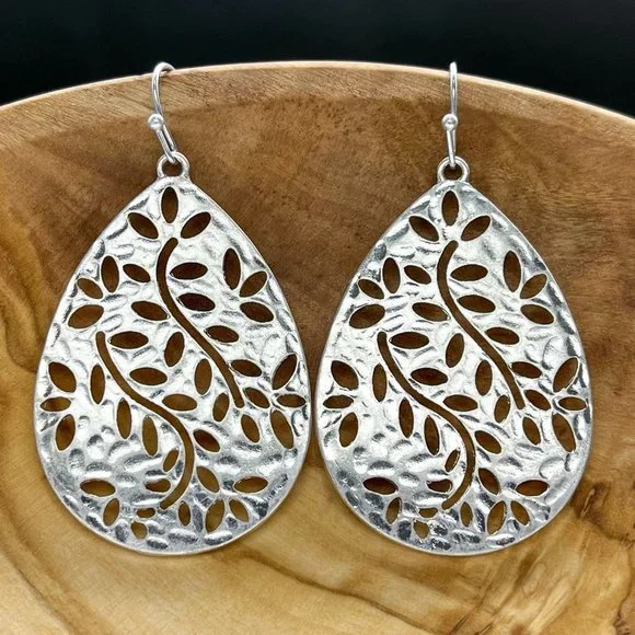 Silver Floral Vine Teardrop Earrings - Picture 3 of 5